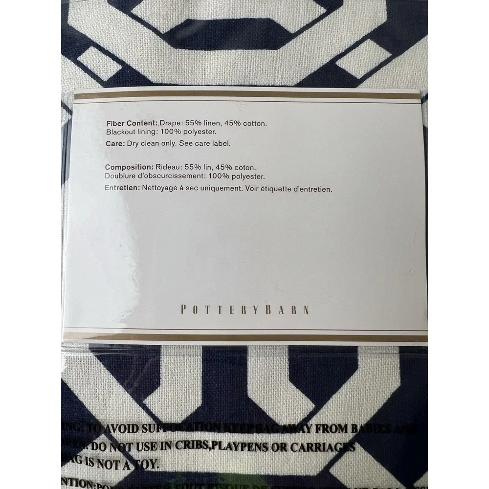 Pottery Barn Terri Trellis Room Darkening Drape Pole Top Navy/OffWhite 50